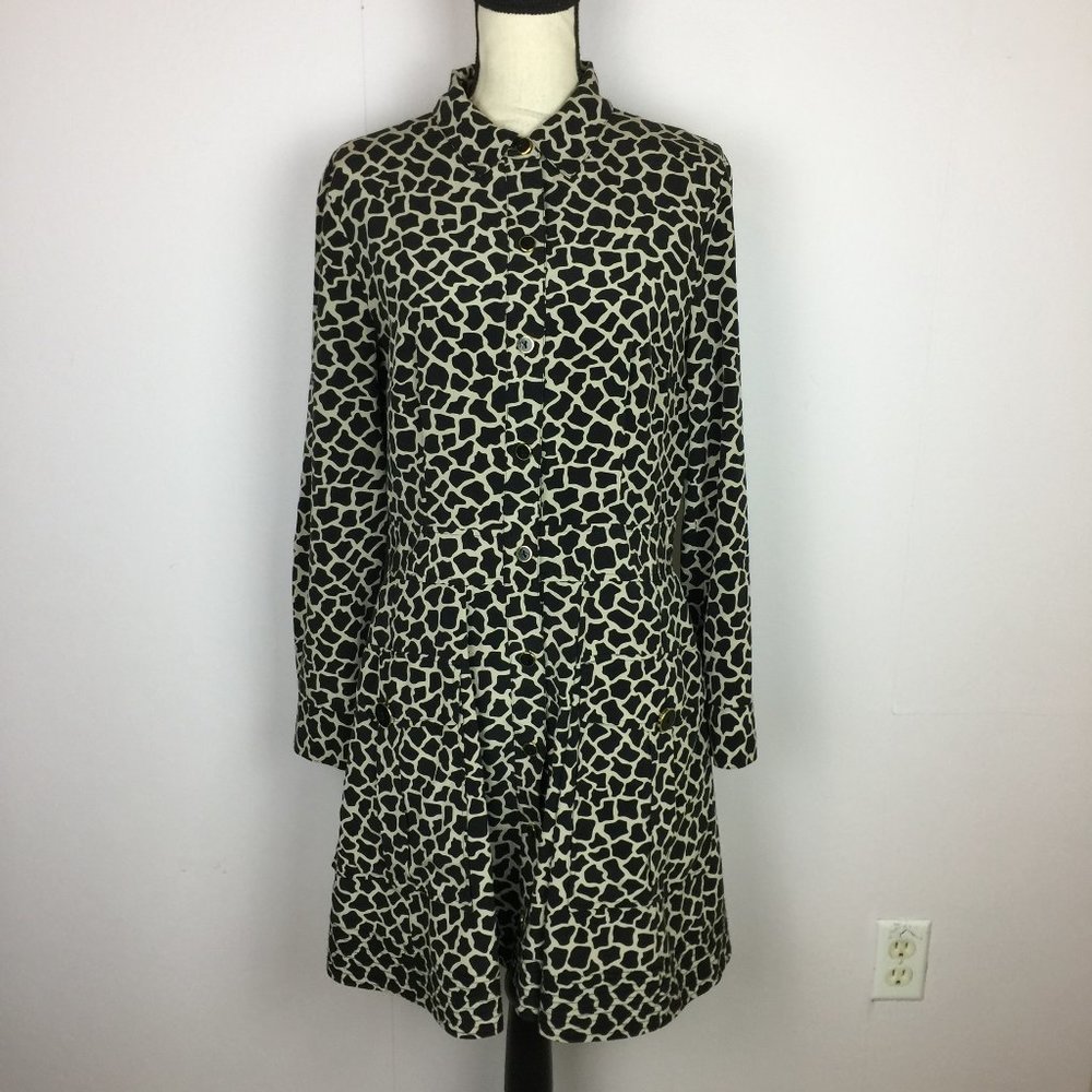 DKNY Silk A-Line Shirt Dress Sz 10 Womans Black Ivory Long Sleeve Pleated Lined